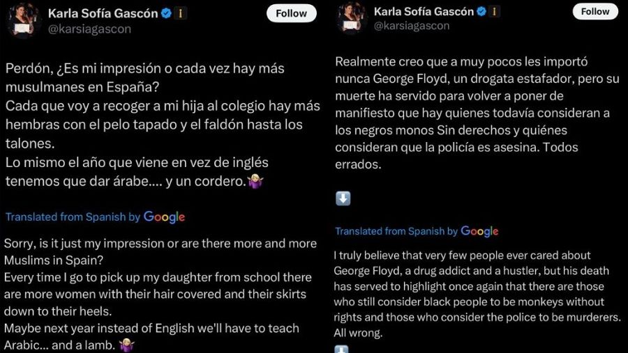 Dos tuits de Karla Sofía Gascón: uno sobre la percepción del aumento de musulmanes en España y otro sobre la controversia en torno a la muerte de George Floyd y el racismo.