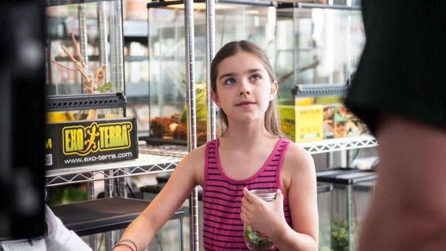 Joven actriz observa con interés un terrario, sosteniendo un frasco.  Estanterías con terrarios y cajas de Exo Terra al fondo.  Un adulto está presente.