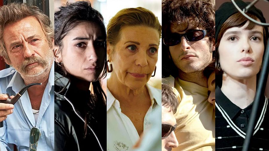 Cinco retratos de posibles nominados a los Goya 2025: un hombre mayor con pipa, una mujer con chaqueta de cuero, una mujer mayor con pendientes, un hombre con camiseta amarilla y una persona con gorro negro.  'Nominadas al Goya 2025' y 'Somos cine'.