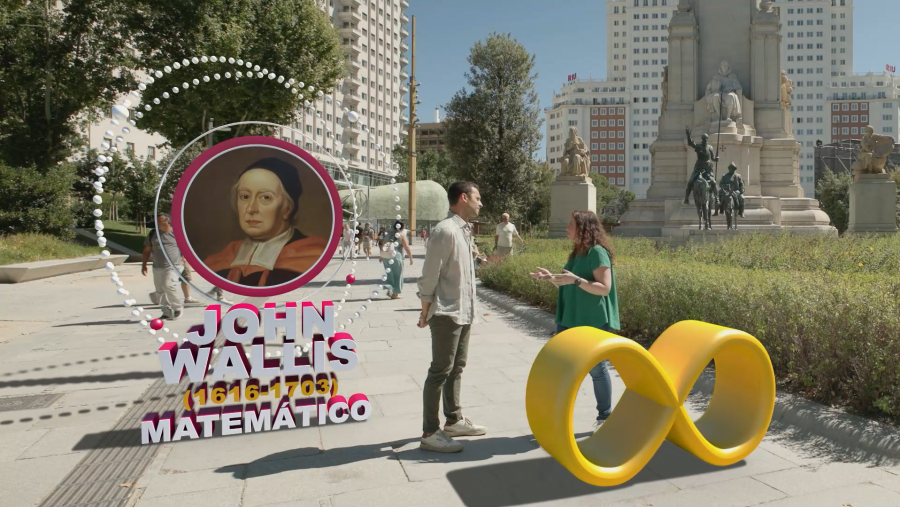 Entrevista a una física sobre el infinito, con un símbolo 3D y un retrato de John Wallis (1616-1703), matemático.