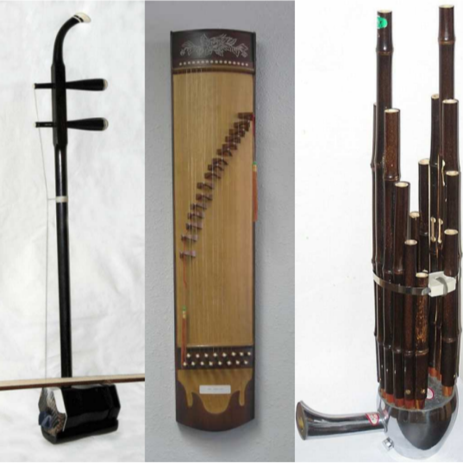 Tres instrumentos musicales tradicionales chinos: un erhu, un guzheng y un sheng, posiblemente ilustrando una noticia cultural.