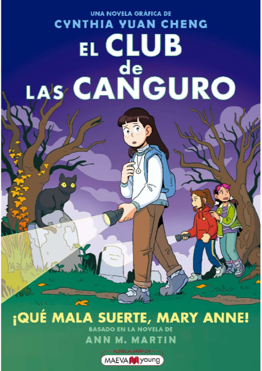 Portada de novela gráfica: tres chicas con linternas en un cementerio nocturno; un gato negro; título principal y subtítulo 