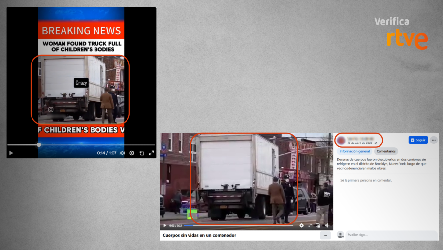 Comparativa RTVE Verifica: fotogramas de vídeo mostrando un camión blanco con la palabra 