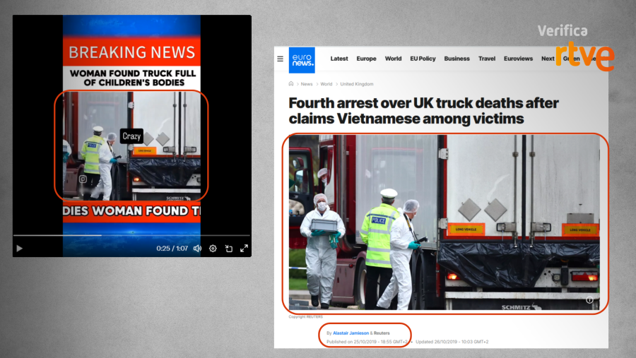 Comparativa entre una captura de vídeo de redes sociales con titular sensacionalista y una noticia verificada mostrando el mismo camión. La noticia aporta datos más precisos sobre arrestos y posibles nacionalidades de las víctimas.