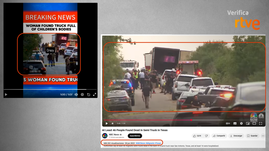 Imágenes de dos vídeos sobre un camión en Texas con numerosas víctimas mortales.  Uno, de redes sociales, titula 