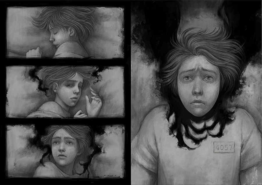 Viñetas y gran imagen de cómic en blanco y negro muestran a una joven con creciente angustia, amenazada por una mancha oscura que crece. Número 4057 visible en su pecho.