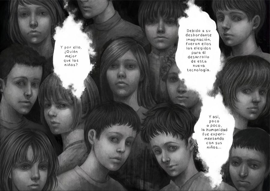 Viñeta en blanco y negro con doce niños de expresión seria, vestidos con uniformes, y tres bloques de texto que sugieren el uso de menores en el desarrollo tecnológico.