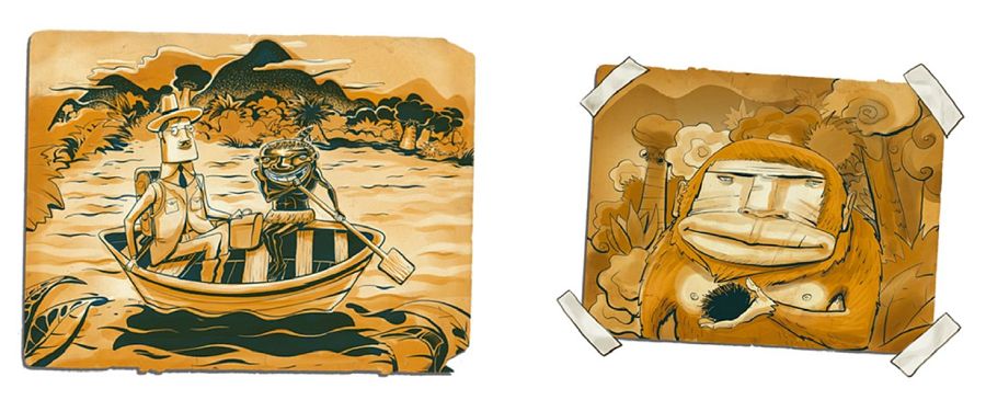 Viñetas de un cómic de aventuras en la selva: un río, una barca con dos personajes, y un orangután con un objeto esférico. Estética envejecida.