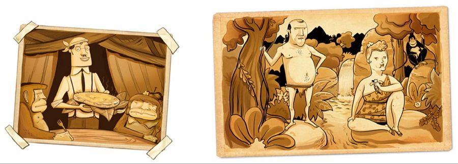 Imágenes sepia estilo foto antigua de una escena en tienda de campaña con hombre sirviendo tarta a un mono y otra en selva con hombre, mujer y mono.