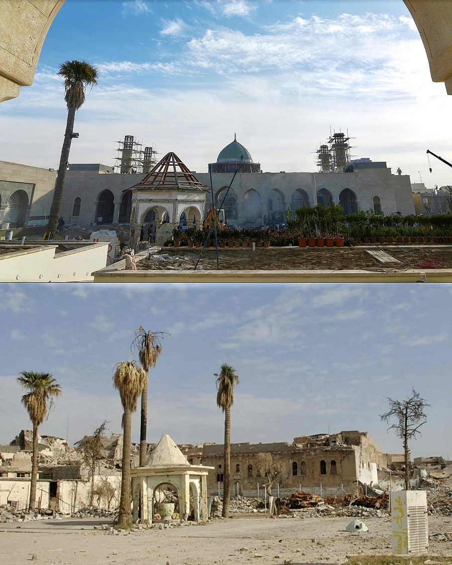 Imagen de la Gran Mezquita de al-Nuri este 5 de febrero de 2025 y en 2018.