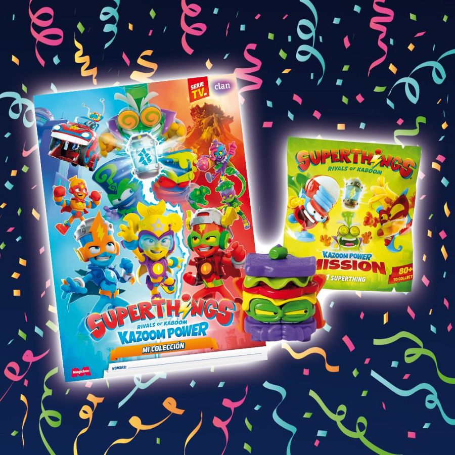 Revista Clan Febrero 2025 con Superthing de hamburguesa.  Ilustraciones de personajes robóticos y cotidianos.  Diseño vibrante, azul y rojo. Incluye bolsa con logo 