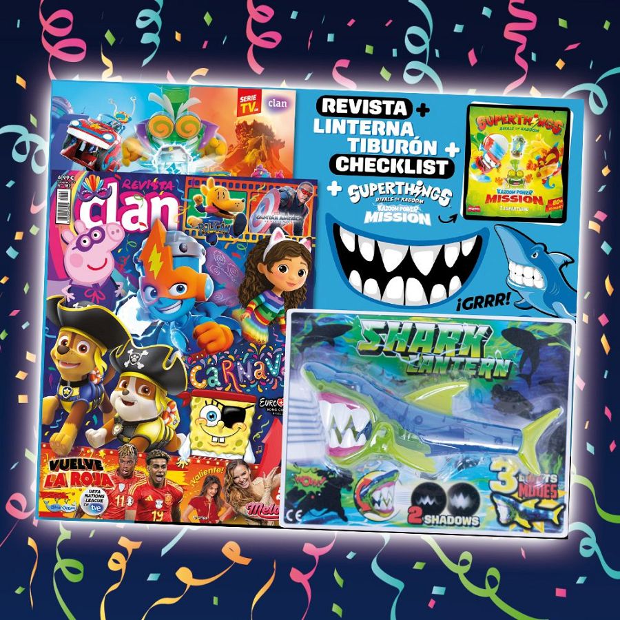 Pack revista Clan febrero 2025: revista, linterna tiburón (3 modos de luz), checklist y DVD Superthings 
