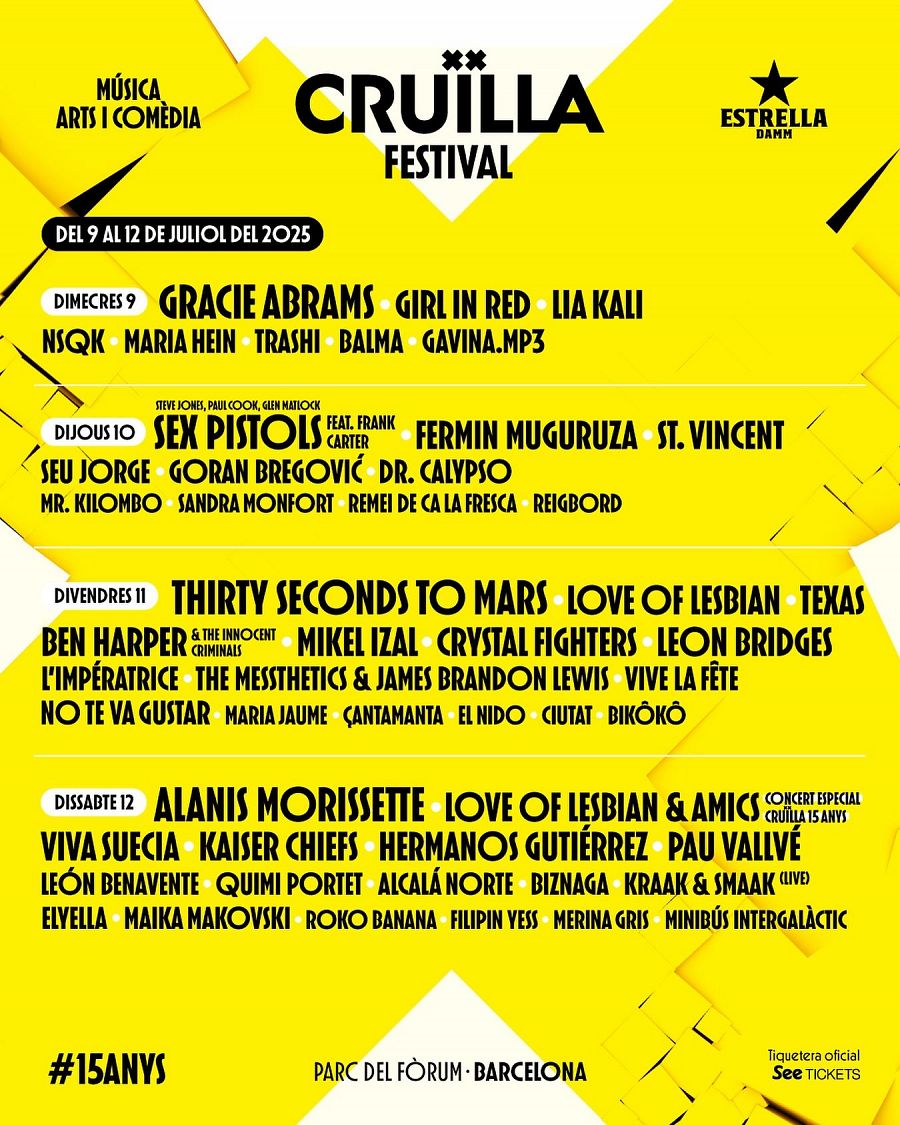 Cartel del Festival Cruïlla 2025 (15ª edición): 9-12 julio.  Artistas como Alanis Morissette, Sex Pistols y Thirty Seconds to Mars.
