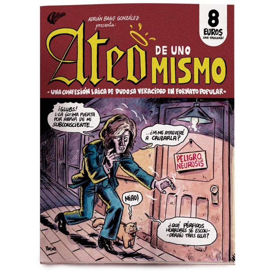 Ilustración de portada de cómic: hombre asustado ante una puerta misteriosa con un gato a sus pies.  Bocadillo de diálogo expresa duda e incertidumbre.