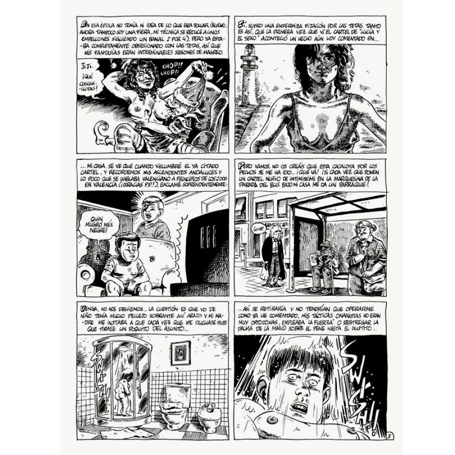 Viñetas de un cómic que relatan anécdotas infantiles del narrador, incluyendo fantasías sexuales, confusión idiomática y prácticas de higiene.