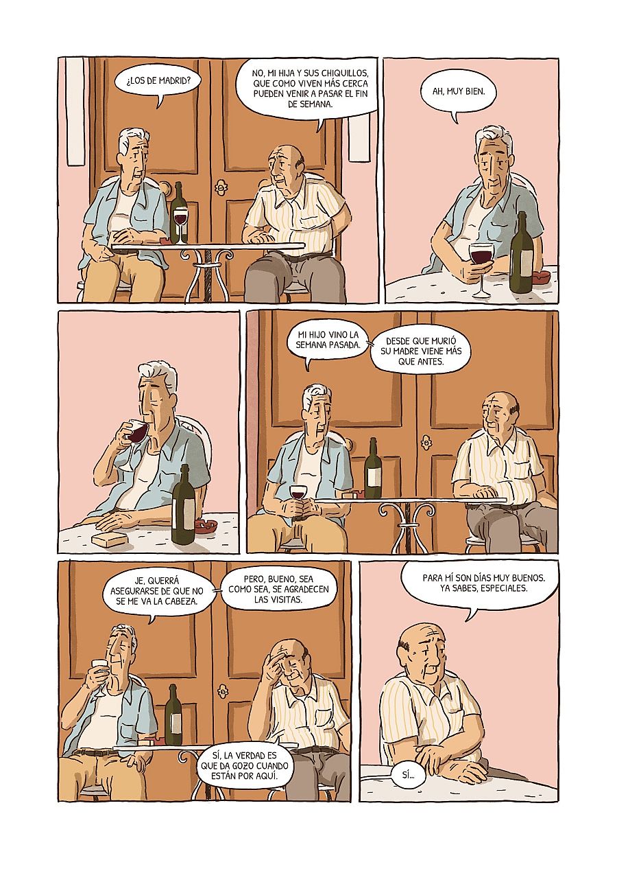 Un hombre mayor reflexiona sobre las visitas familiares en seis viñetas de un cómic, comentando la frecuencia de las visitas de su hijo y su gratitud por ellas.