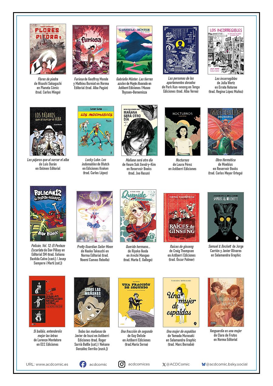 Cartel con portadas de 15 cómics, autores, editoriales y traductores.  Anuncio de ACDCómic para el segundo semestre de 2024.
