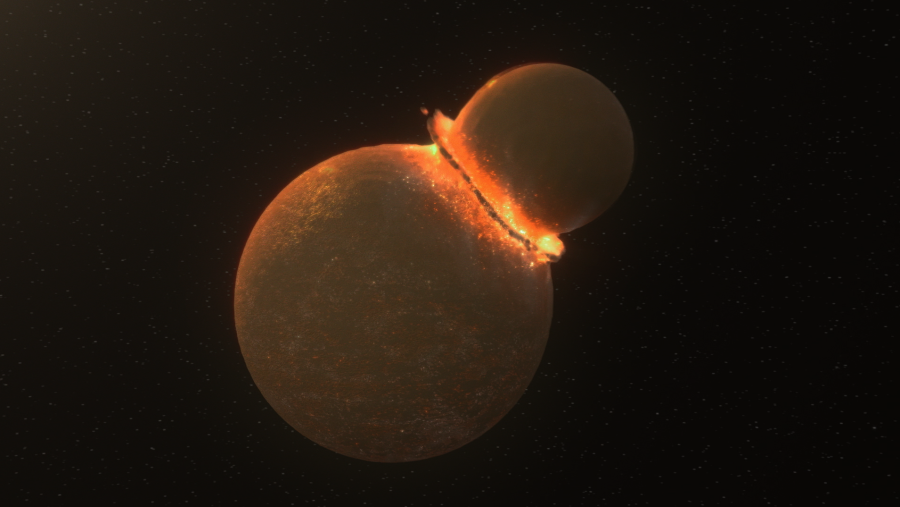 Imagen que representa la formación de la Luna a partir de un impacto gigante. Se observa la Tierra primitiva y un cuerpo menor separándose, con una zona brillante entre ellos.