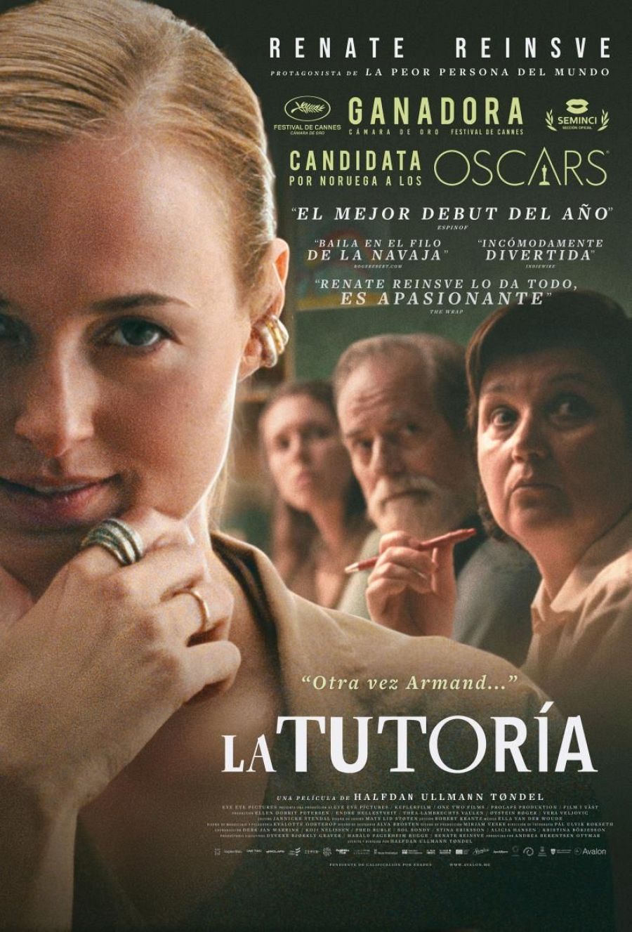 Primer plano de Renate Reinsve en el cartel de la película 'La tutoría'.  Incluye premios, críticas y menciones a otros personajes en segundo plano.