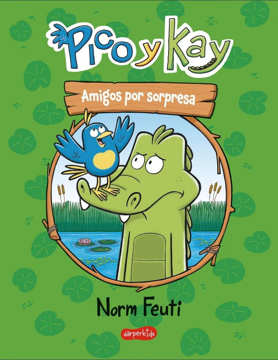 Ilustración de portada: cocodrilo verde y pájaro azul en un círculo de ramas sobre fondo con nenúfares. Título: 