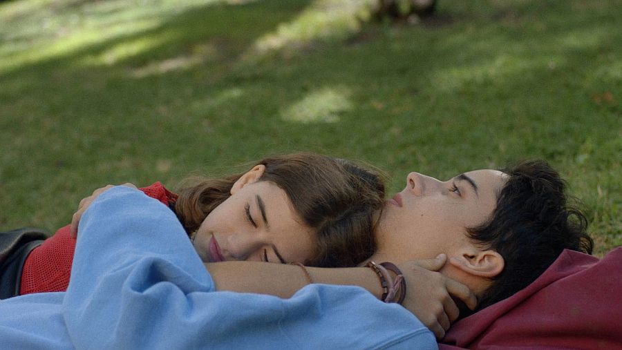 Pareja joven abrazada y relajada sobre césped verde. Ella lleva un jersey rojo y él uno azul.