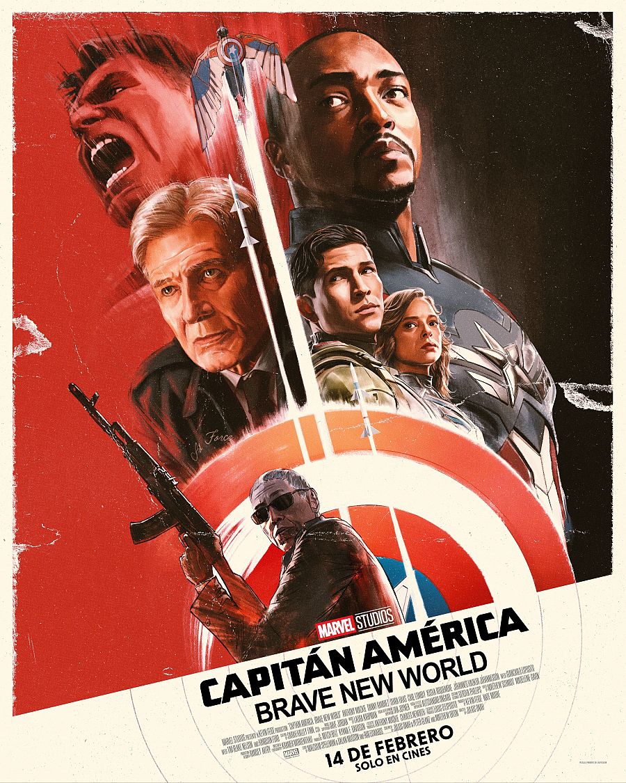 Cartel de 'Capitán América: Brave New World' con Sam Wilson y Harrison Ford. Diseño retro, tonos rojos, estreno en cines 14 de febrero.