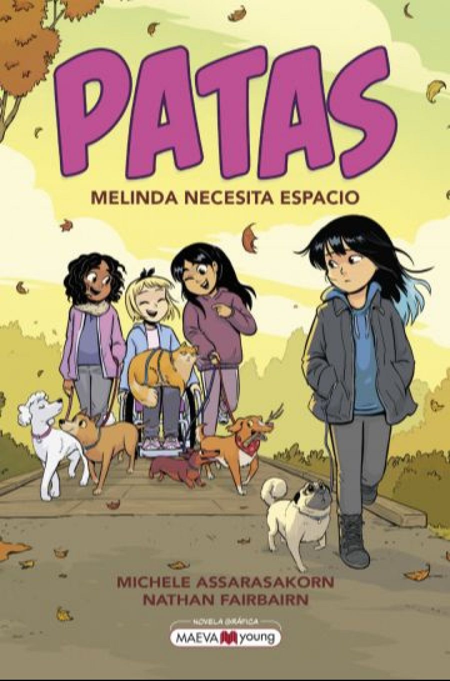 Ilustración de portada de cómic: cuatro niñas con perros, una en silla de ruedas, ambiente otoñal. Autores: Michele Assarasakorn y Nathan Fairbairn. Editorial: Maeva Young.