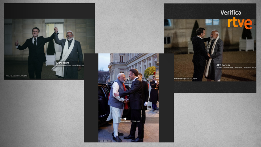 Fotografías de la agencia AFP que muestran varios saludos entre Macron y Modi en la Cumbre de la IA en París