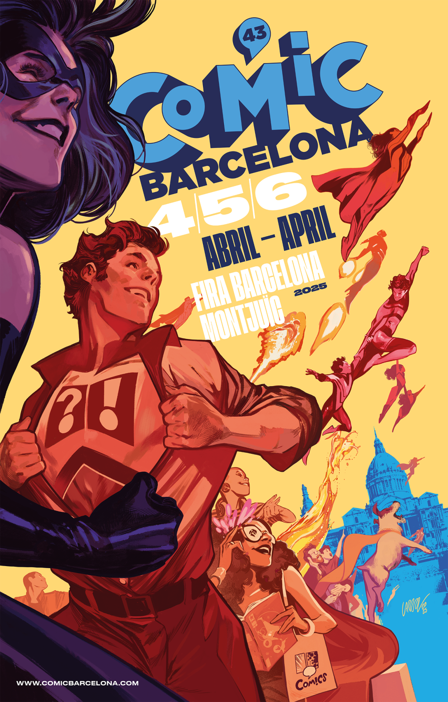 Cartel dinámico y colorido de Comic Barcelona 2025 (4-6 abril), con personajes de cómic en acción sobre la silueta de Barcelona.  Incluye la web www.comicbarcelona.com.