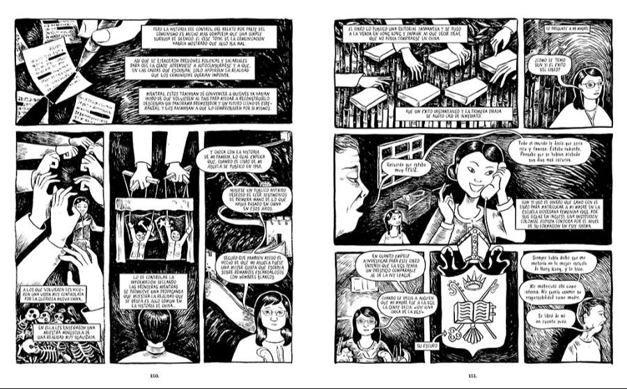 Viñetas en blanco y negro con textos que describen manipulación de información, censura, y recuerdos familiares. Referencias a China, Hong Kong, Taiwán y una editorial indonesia. Páginas 150 y 151.