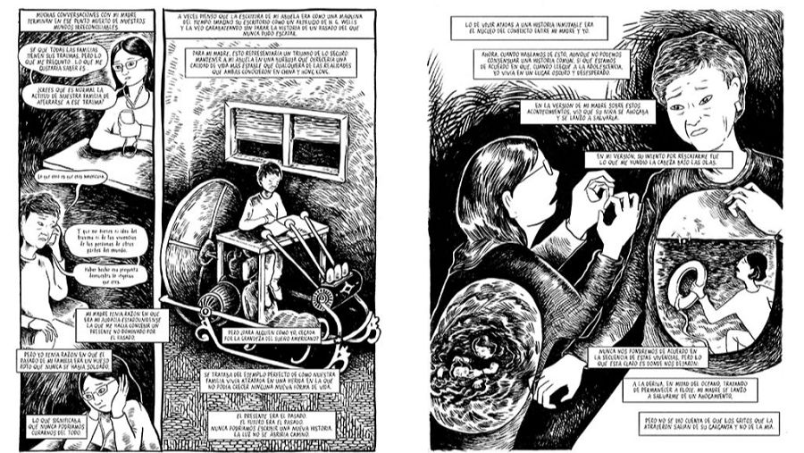 Viñetas en blanco y negro con diálogos que exploran traumas familiares, relaciones madre-hija e hijo-padre, mostrando reflexiones sobre la memoria y la percepción subjetiva de los hechos.