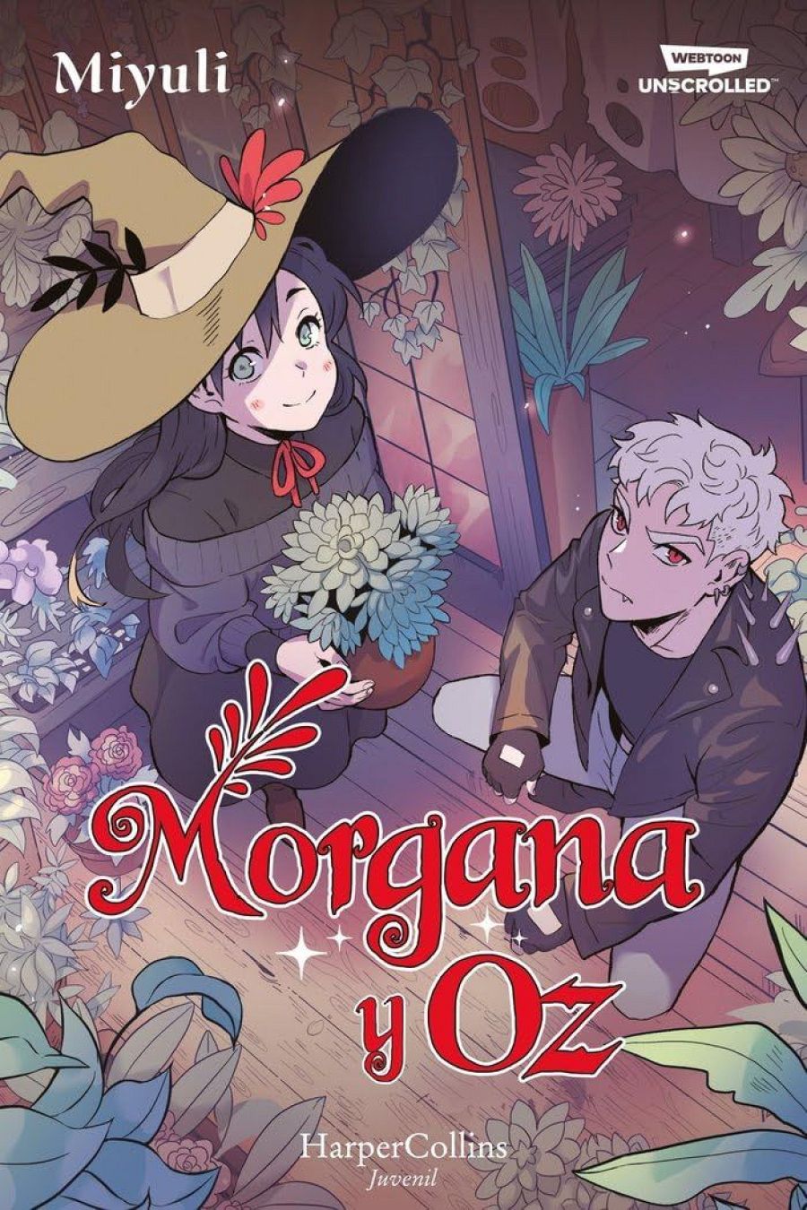 Portada de cómic juvenil con dos personajes: una chica con sombrero de bruja y un chico con chaqueta. Título en rojo sobre fondo con plantas.
