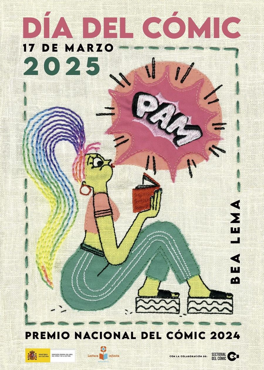 Ilustración bordada de persona leyendo cómic rojo, con firma 