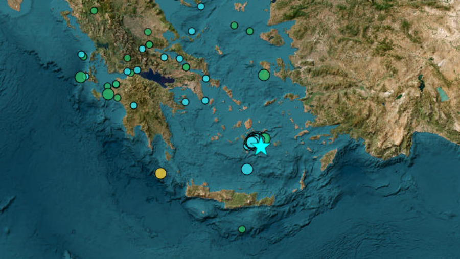 Vista de la zona donde se ha registrado un terremoto de magnitud 5,1, con epicentro en el símbolo de la estrella, este lunes