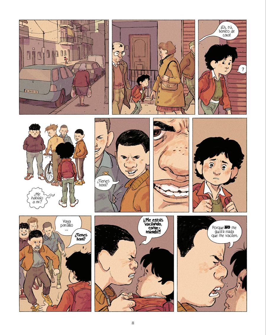 Seis viñetas de cómic muestran una escena de intimidación entre niños, con diálogos que revelan un conflicto creciente y agresivo.