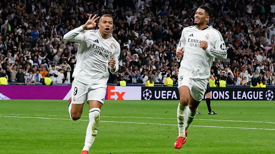 Mbappé celebra su tercer gol al City.