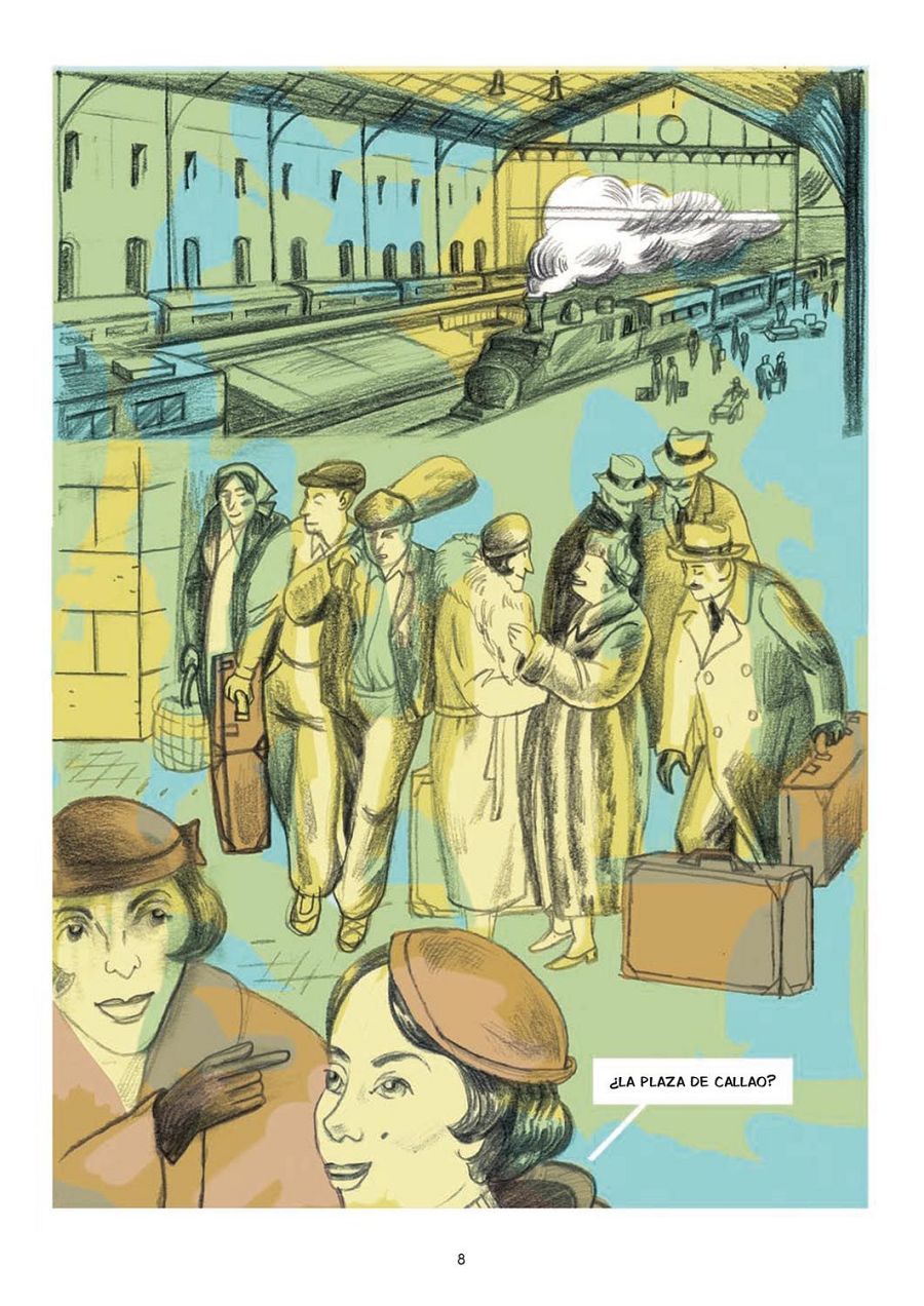 Escena en una estación de tren; viajeros de época con maletas; una mujer pregunta por la Plaza de Callao.