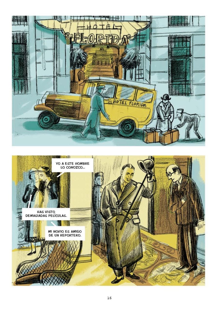 Dos viñetas de un cómic: exterior de hotel con furgoneta y personas descargando maletas; interior con cuatro personajes, dos mujeres comentando y dos hombres saludándose. Diálogos en bocadillos.