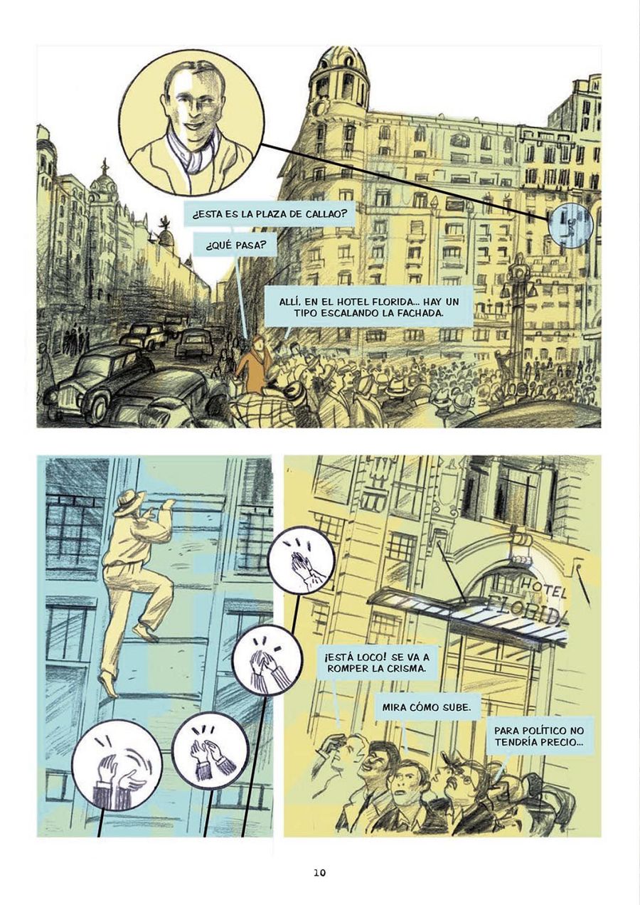 Viñetas de cómic mostrando a un hombre escalando un edificio, con reacciones de la multitud y textos como:  