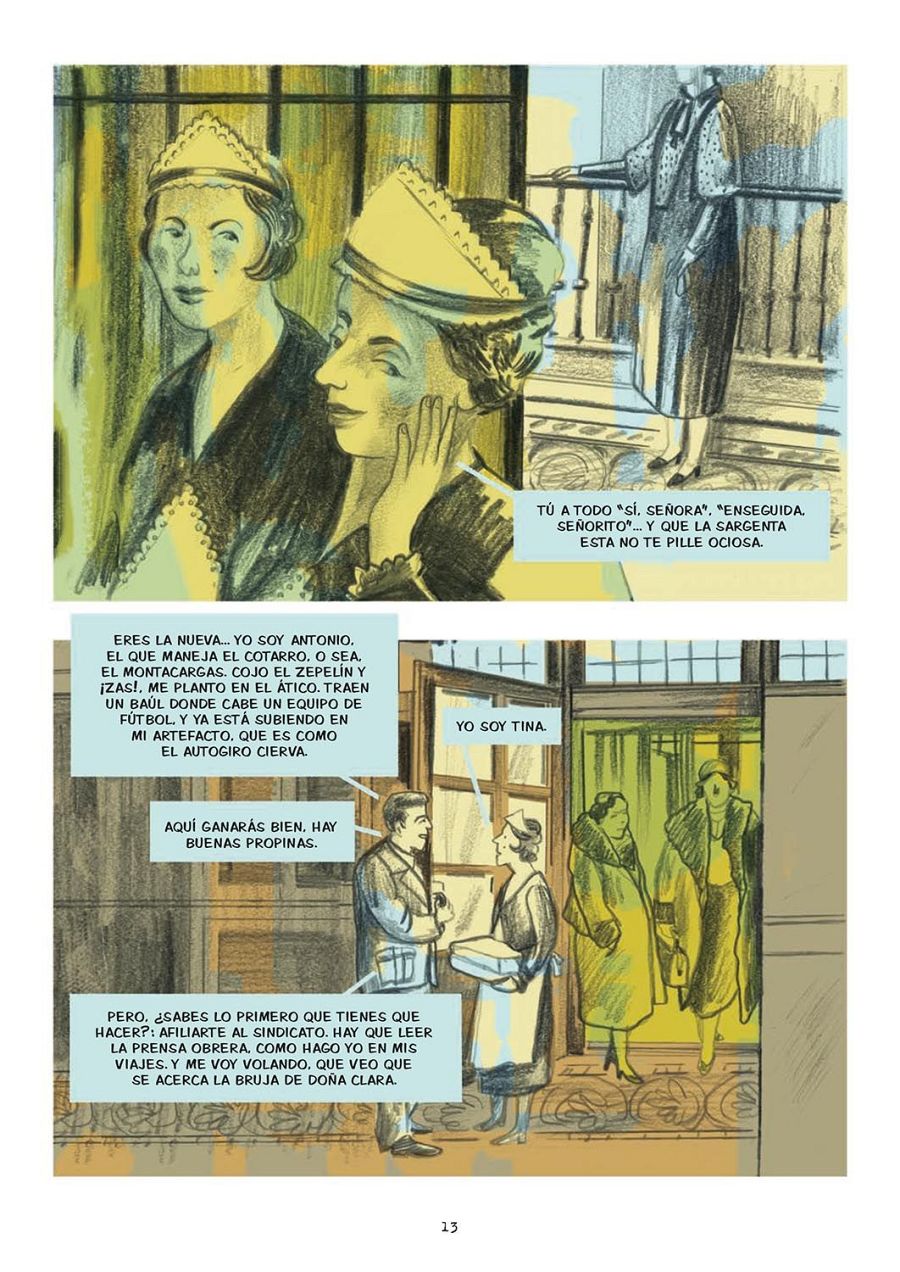 Tres viñetas de cómic: diálogo entre mujeres, explicación de trabajo con montacargas y llegada de clientas a un hotel.