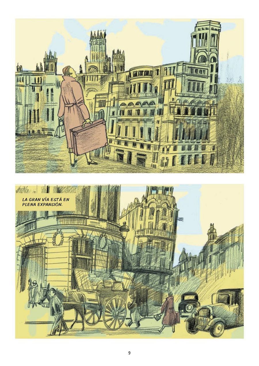 Viñetas de cómic que representan la Gran Vía de Madrid en época pasada, mostrando escenas callejeras con peatones, vehículos antiguos y un personaje con maleta.