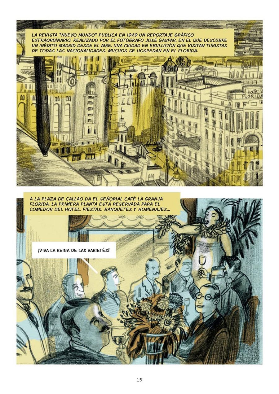 Viñetas de cómic: vista aérea de Madrid en 1929 y celebración en un café con una mujer elegante como centro de atención.  Se menciona un reportaje gráfico de 1929.
