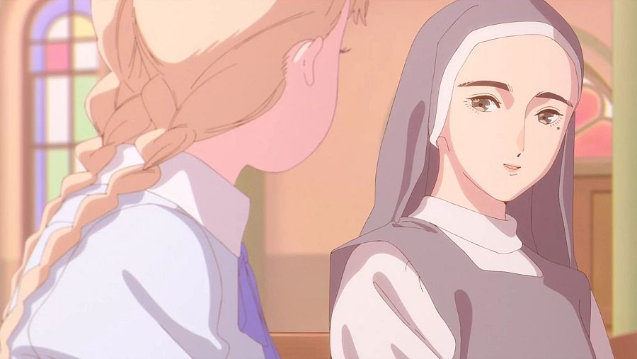 Dos chicas, una con trenza y camisa blanca, la otra monja con hábito gris y velo, en una escena ambientada en el interior de una iglesia. Fotograma de animación.