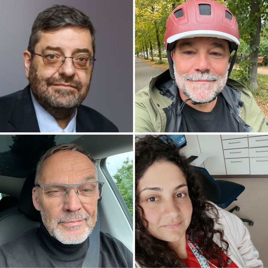 Collage de cuatro fotografías de personas con diferentes vestimentas y fondos. Posible relación con las elecciones en Alemania.