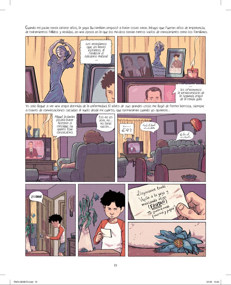 Viñetas de un cómic mostrando una familia, fotos antiguas, un niño, plantas, una nota escrita a mano y una referencia a Miguel Indurain en la televisión.