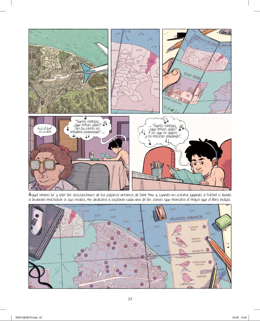 Página de cómic con escenas variadas: ciudad costera, mapa, mujer escuchando música, niño leyendo, guía de pájaros urbanos y mapa con zonas marcadas.  Ambientación años 90.