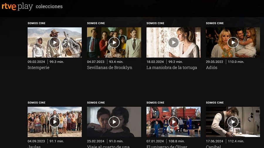RTVE Play muestra colección de cine andaluz con miniaturas de películas, sus duraciones y fechas de estreno en la plataforma; cada una con botón de reproducción y etiqueta 