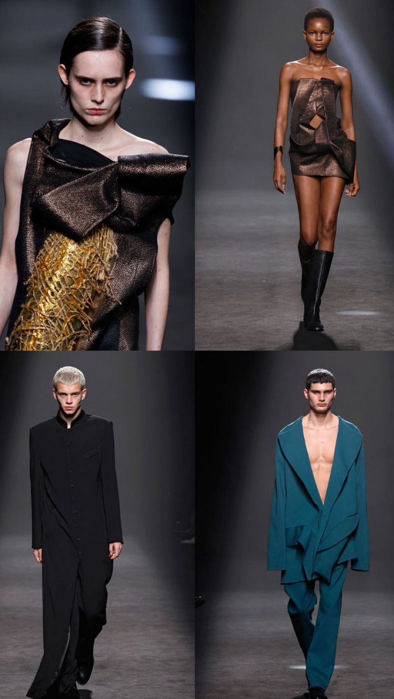 Desfile de moda mostrando cuatro modelos con diseños diversos: vestidos, trajes y conjuntos con cortes amplios y texturas variadas.