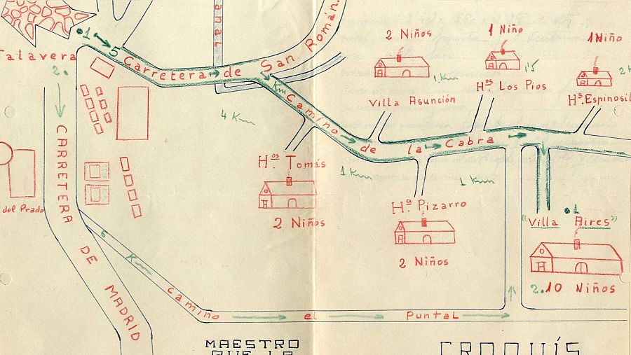 Croquis manual de ruta escolar en Castilla-La Mancha, indicando casas con número de niños y carreteras principales.  El mapa, titulado 