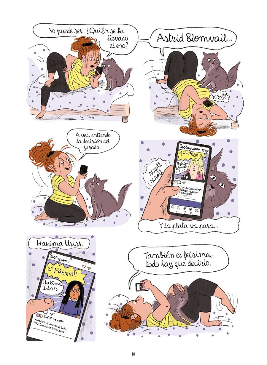 Cómic con cuatro viñetas mostrando la reacción de una chica al ver los resultados de un concurso en Instagram, incluyendo perfiles de las ganadoras Astrid Blomvall y Hakima Idriss.